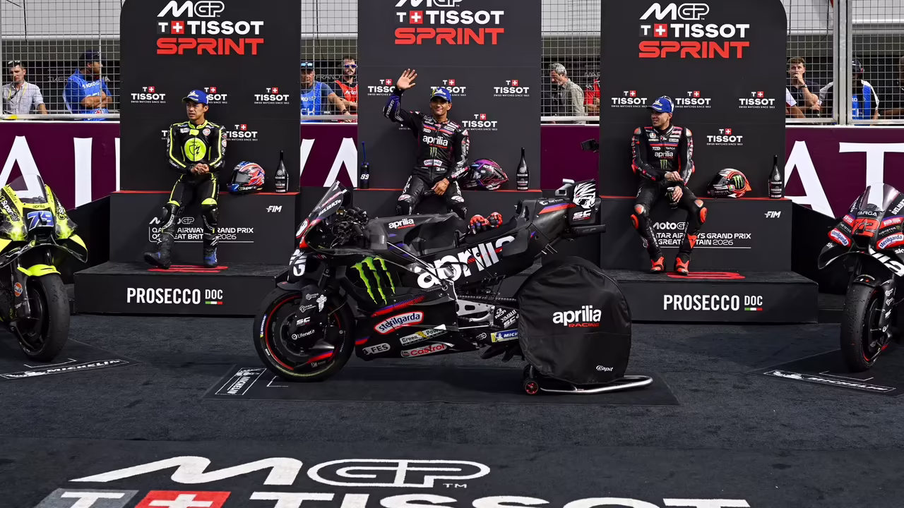 Aprilia riders Jorge Martin, Ai Ogura and Marco Bezzecchi sweep the Silverstone Sprint podium. © Gold and Goose