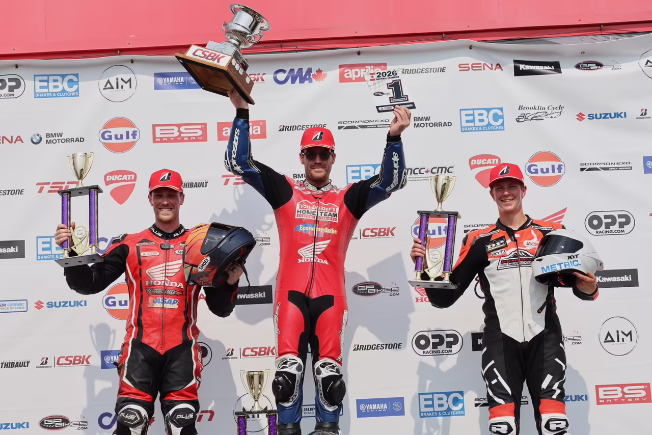 GP Bikes Pro Superbike race two podium from Canadian Tire Motorsport Park (L-R): David MacKay, Ben Young, and Andrew Van Winkle. Photo by Rob O’Brien.