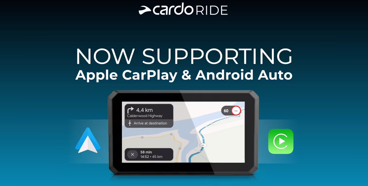Интерфейс Cardo Ride с Apple CarPlay и Android Auto на мотоциклетном дисплее