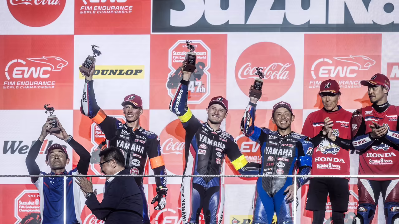 Jack Miller, Andrea Locatelli, Katsuyuki Nakasuga, second place, 2026 Suzuka 8 Hours. © Yamaha Racing