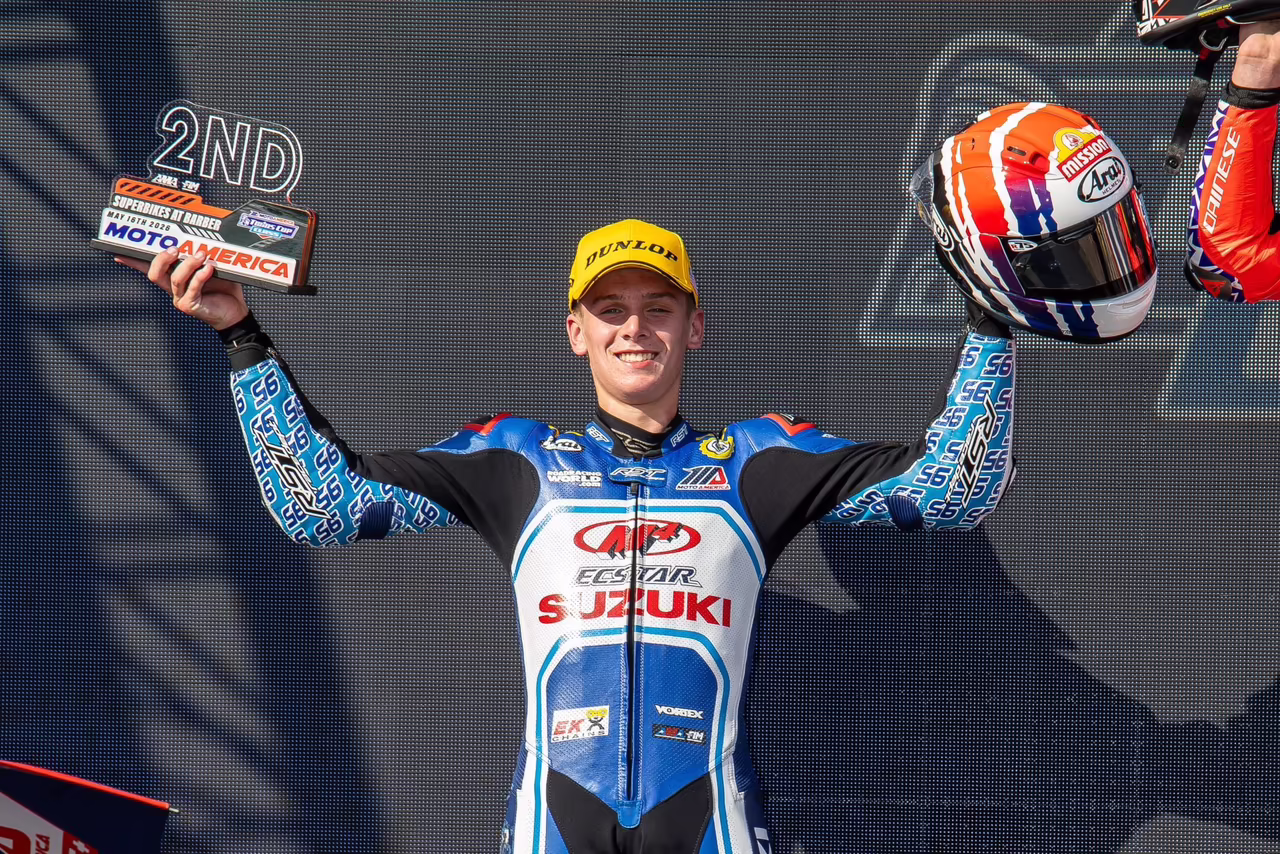 Matthew Chapin on a 2026 MotoAmerica Twins Cup podium.