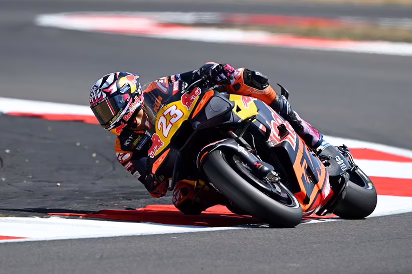 Enea Bastainini onboard the Tech3 KTM RC16 at Silverstone in 2026.