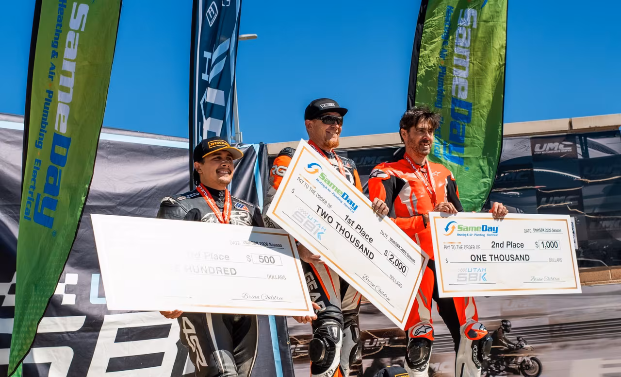Ryan Richardson 3rd (left), Anthony Norton 1st(center), and Jerry Hicks 2nd (right) on the Same Day Heating and Air King of the Mountain Podium. Photo by Zac Harston