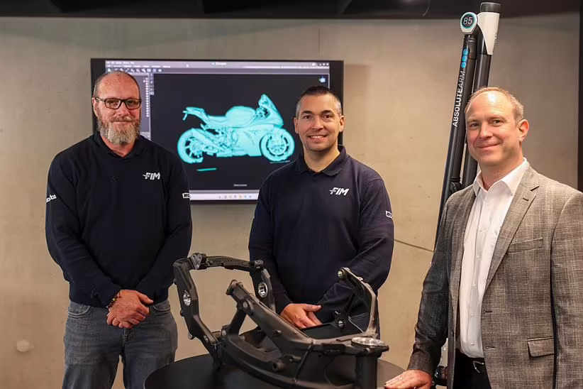 From left: Ludovic Reignier (FIM WorldSBK Technical Director), Dominique Hebrard (FIM CTI Technical Director) and Stephan Amann (Business Enablement Director at Hexagon’s Portable Metrology Division)