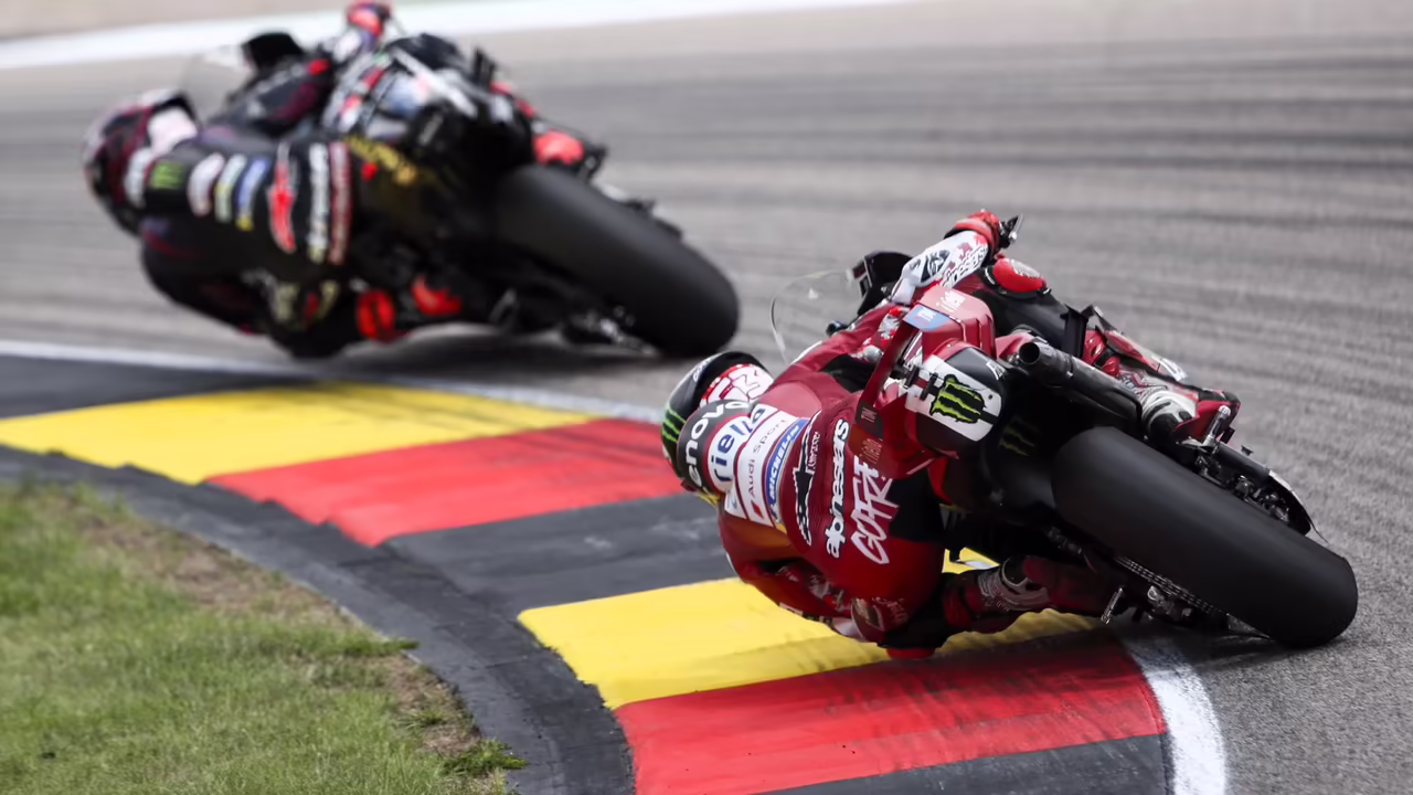 Pecco Bagnaia chases Jorge Martin, 2026 Sachsenring MotoGP. © Gold and Goose