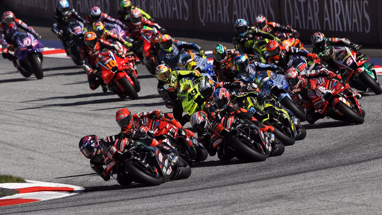 Jorge Martin leads, Start, 2026 Red Bull Ring MotoGP. © Gold and Goose