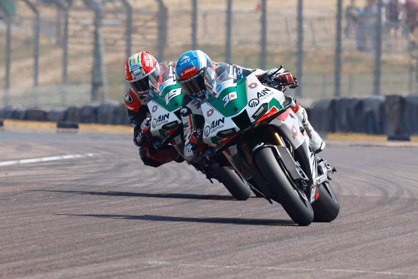 Max Cook and Joe Talbot onboard the AJN Steelstock Bimota at Thruxton