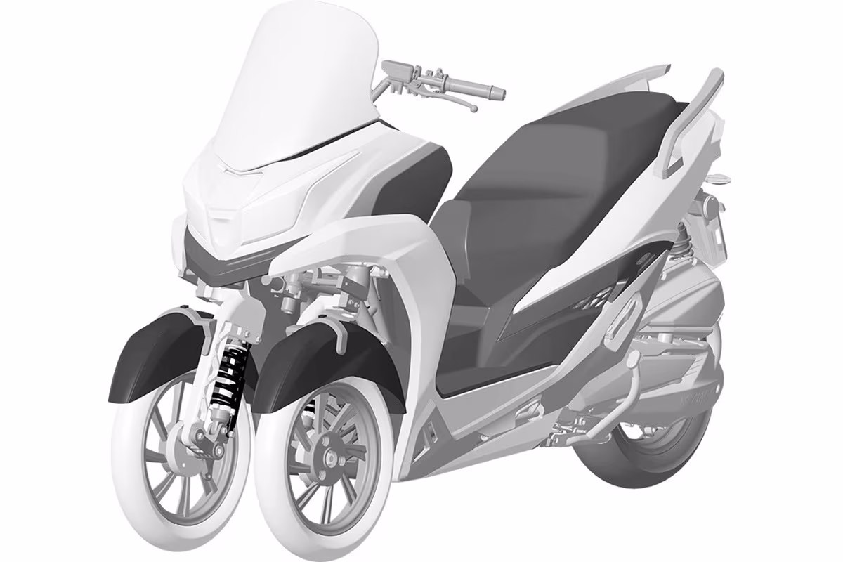 Патентные изображения компактного трёхколёсного скутера KYMCO с двумя передними колёсами