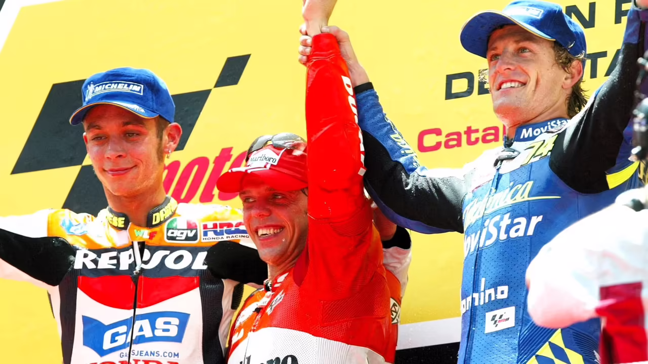 Loris Capirossi claims Ducati's first ever MotoGP win, Catalunya 2003. © Gold and Goose