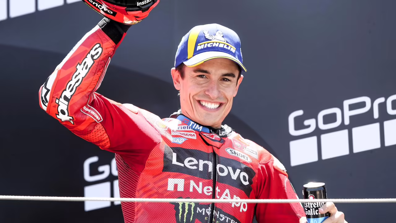 Marc Marquez celebrates 2025 Aragon MotoGP double. © Gold and Goose