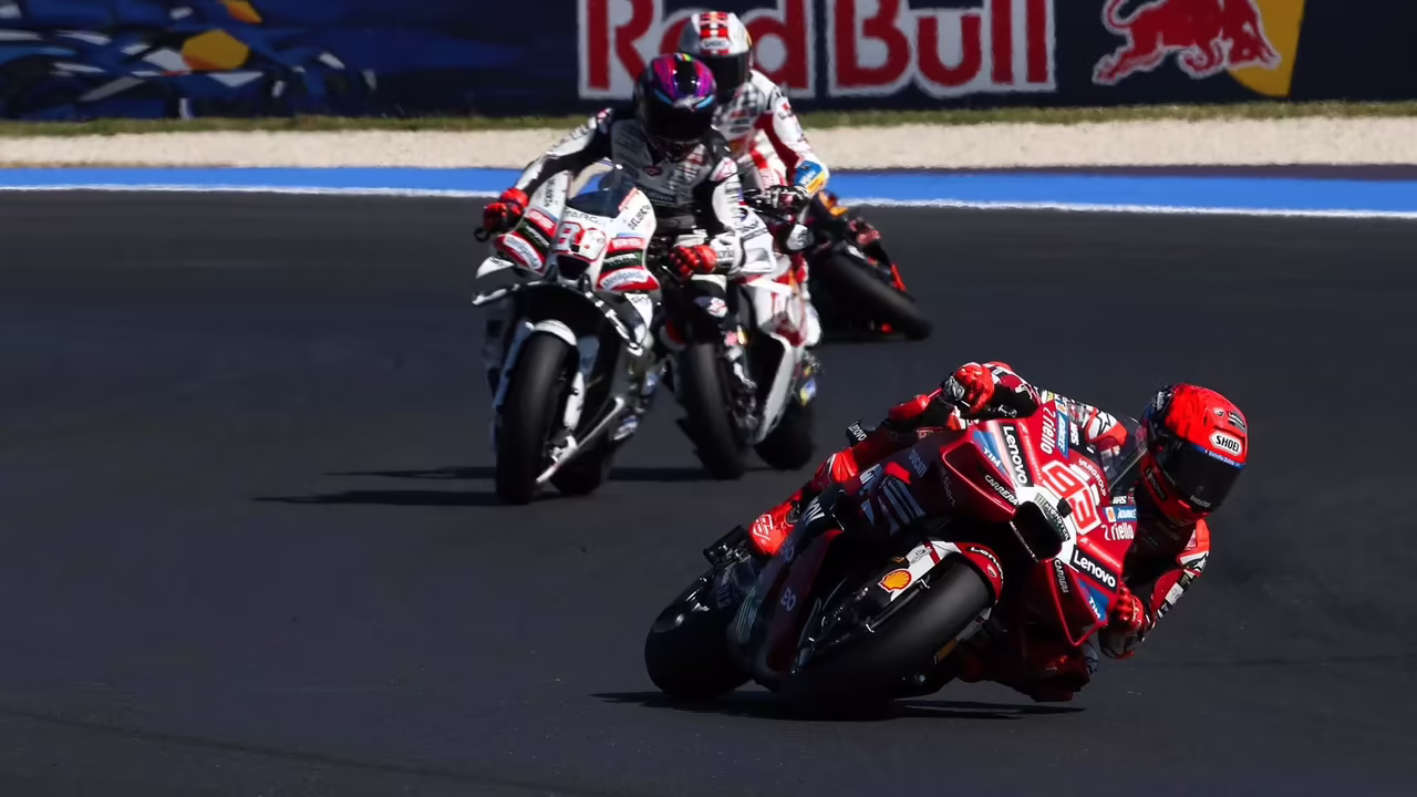 Marc Marquez leads, 2026 Misano MotoGP. © Gold and Goose