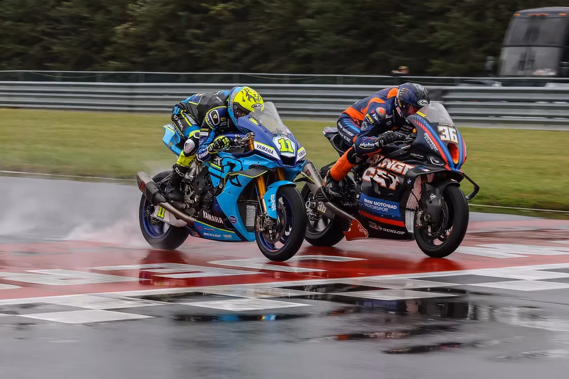 Uribe (#36) beats Scholtz (#11) to the line in a points critical weekend at NJMP. Photo by Brian J. Nelson.