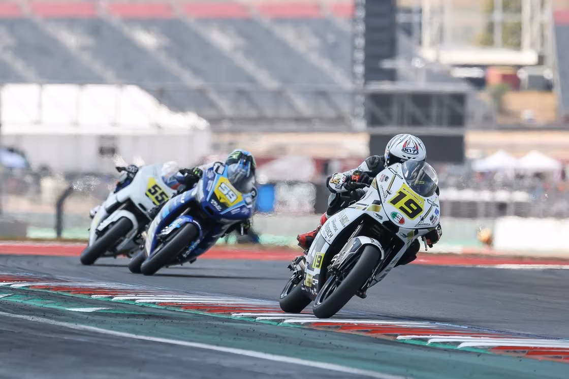 Nathan Gouker (#19) will claim the 2026 Talent Cup title in his rookie season while Sam Drane (#59) looks to hold off Jake Paige (#55) for third in points at NJMP. Photo by Brian J. Nelson.