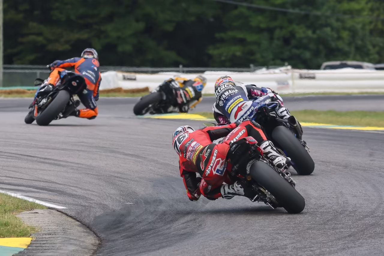 PJ Jacobsen (front of group), leads most of Race 3, ahead of the following pack of Jayson Uribe, JD Beach, and hard-charging Loris Baz. Photo by Brian J. Nelson.