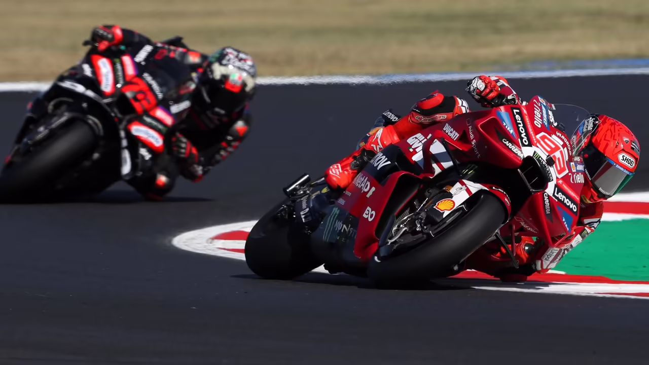 Marc Marquez holds off Marco Bezzecchi to win the Misano Sprint. © Gold and Goose