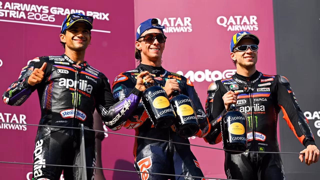 Bezzecchi and Martin join first time winner Pedro Acosta on the Red Bull Ring podium. © Gold and Goose