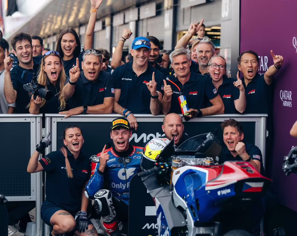 Filic Salac in parc fermé after claiming Moto2 victory at Silverstone. Photo courtesy American Racing Team.
