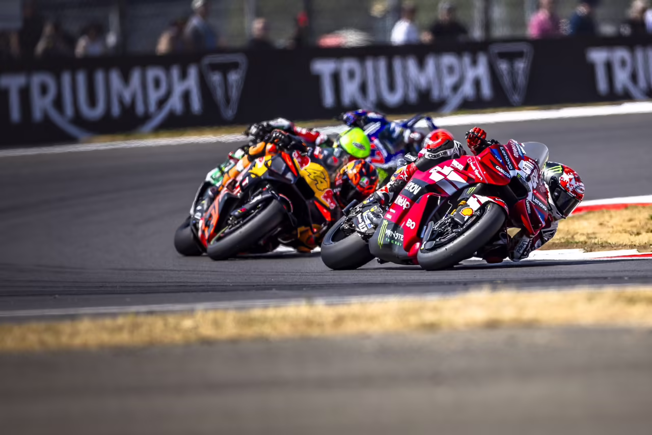 Francesco Bagnaia (63) and Pol Espargaro (44) at Silverstone. Photo courtesy Ducati.