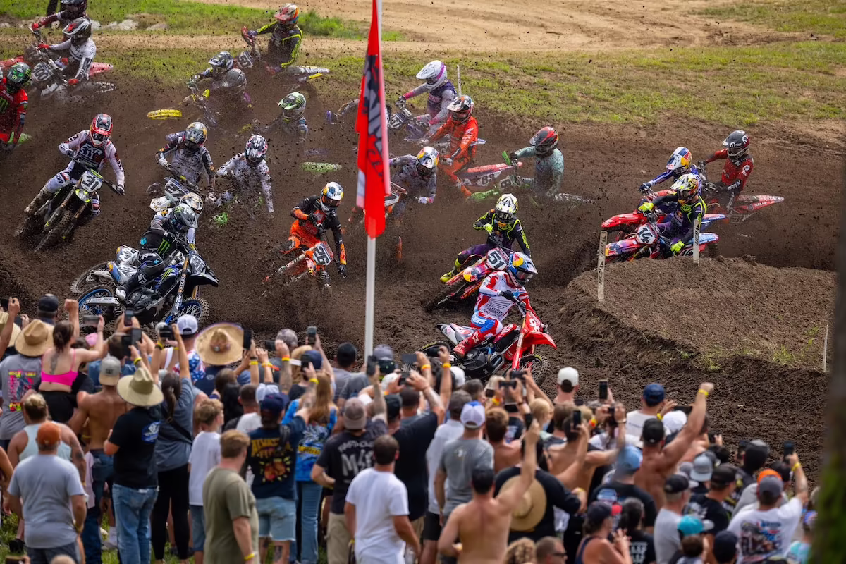 Hunter Lawrence [#96] opened Moto 1 out front, but was passed by Haiden Deegan [#38] before the pair suffered a crash that led to a dramatic race won by Jorge Prado [#26]. Photo courtesy MX Sports Pro