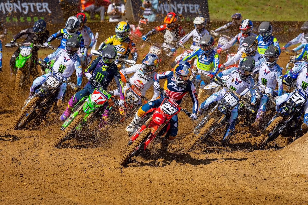 Chance Hymas [#29] seized the moment in Moto 2 and turned the holeshot into his first overall victory of the season, setting a new record for parity. Photo courtesy MX Sports Pro Racing, Inc.