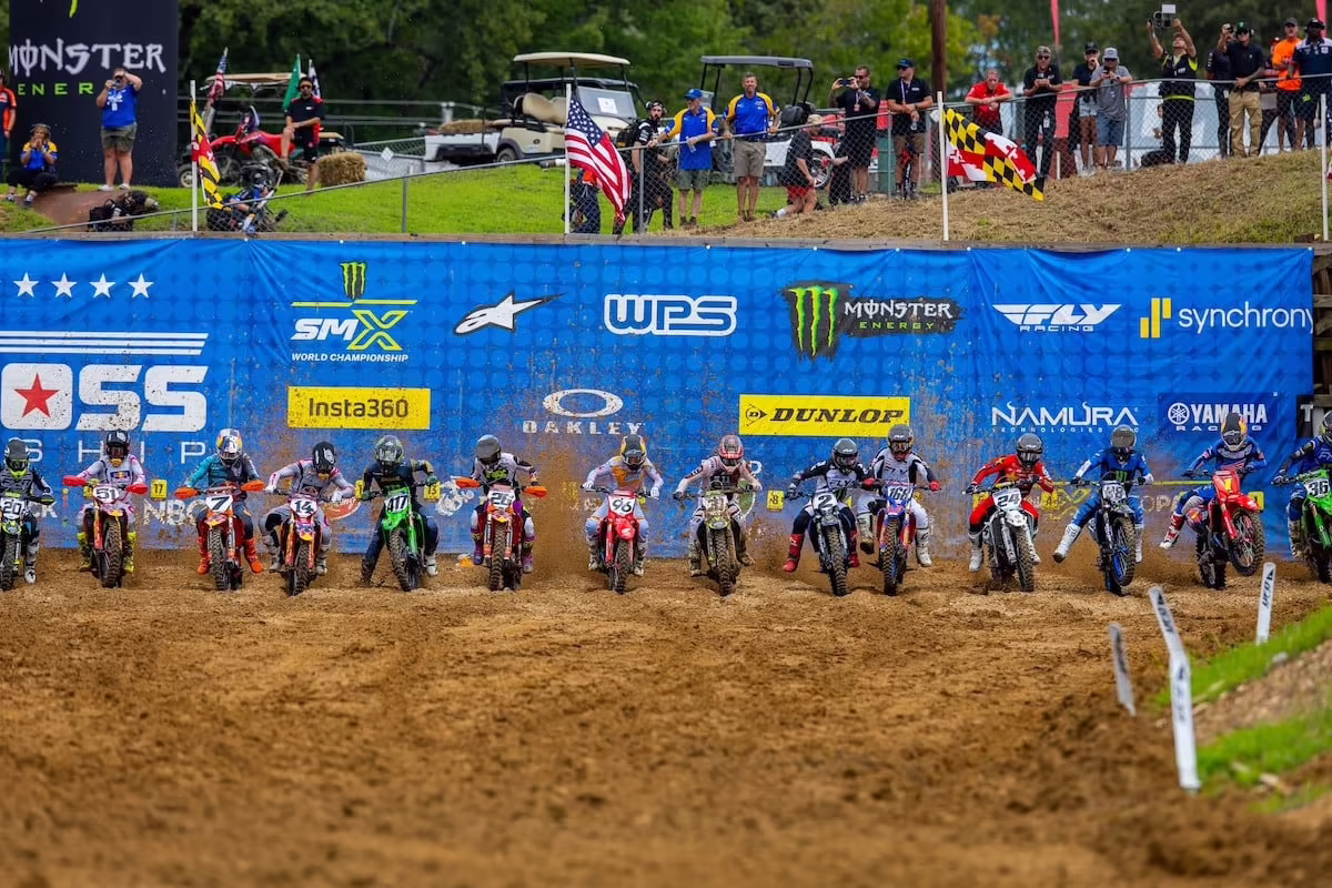 The first moto began under tricky track conditions, as Haiden Deegan [#38] grabbed the holeshot but gave way to Hunter Lawrence [#96], who carried on to the win. Photo courtesy MX Sports Pro Racing, I