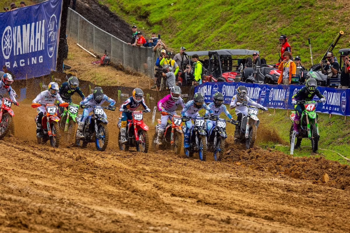 The opening moto began when conditions were at the worst as Cole Davies [#37] emerged with the win while Levi Kitchen [#47] was penalized for going off track off the start. Photo courtesy MX Sports Pr