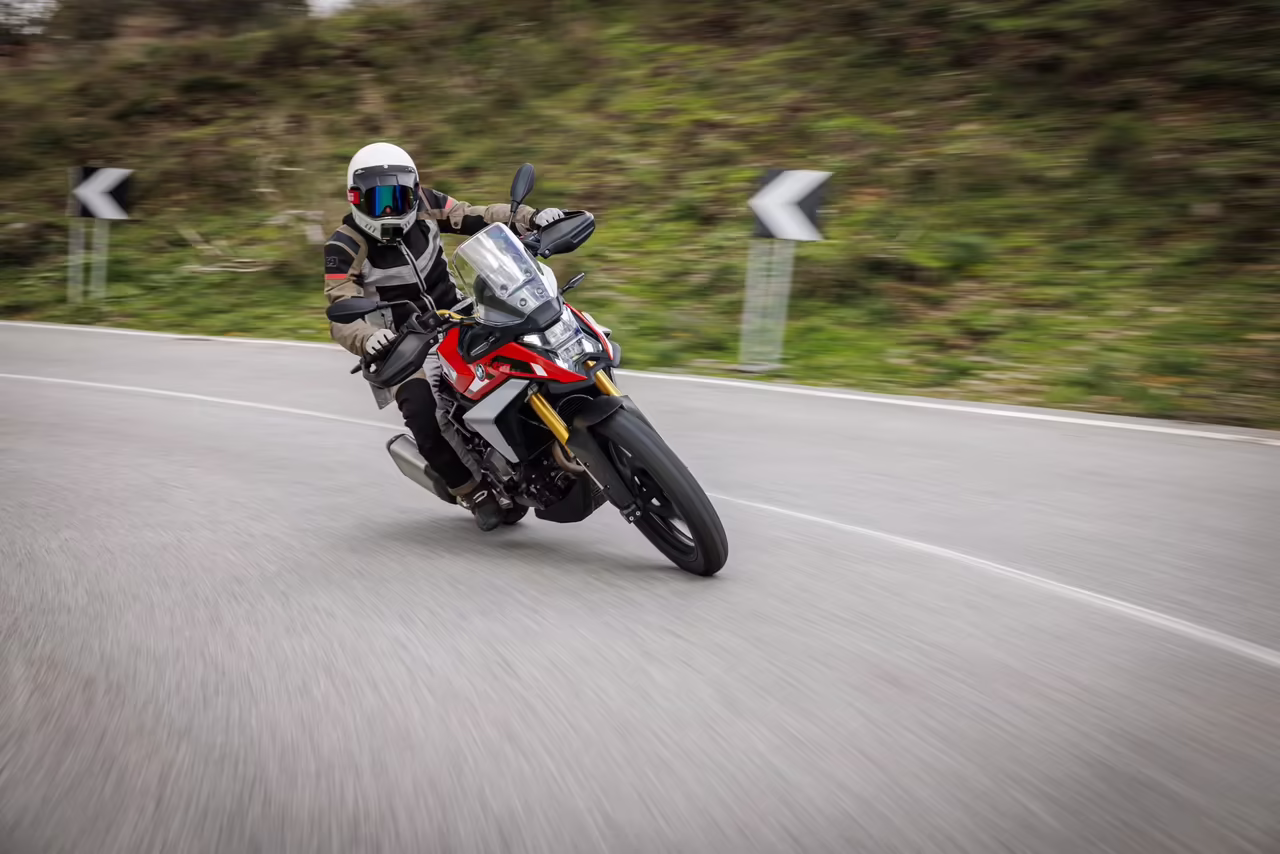 A 2026 BMW F450 GS on the road.