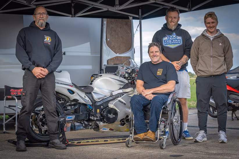 Talan Skeels-Piggins and his team stood with the turbocharged Suzuki Hayabusa. Credit: John Bearby Images
