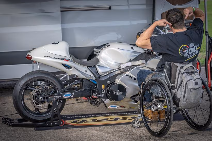 Talan Skeels-Piggins with his turbocharged Suzuki Hayabusa after hitting 200mph. Credit: John Bearby Images