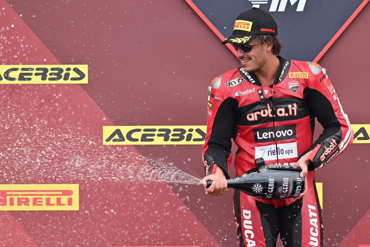 Nicolo Bulega, 2026 French WorldSBK, podium. Credit: Gold and Goose. © Gold & Goose