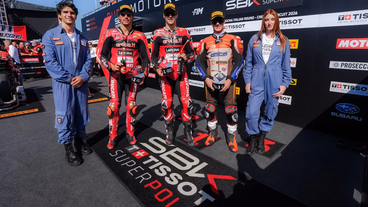 From left to right with Nicolo Bulega, Iker Lecuona and Alberto Surra. Photo courtesy WSBK.